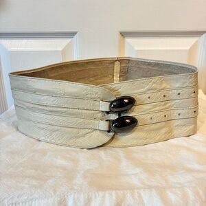 Wide Cream Leather Corset Belt with Oval Gun Metal Buckles Off White Waist Belt